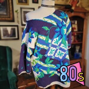 Jennifer Reed Hand-Knit Sweater Vintage 80s Blue Floral Pullover Grannycore